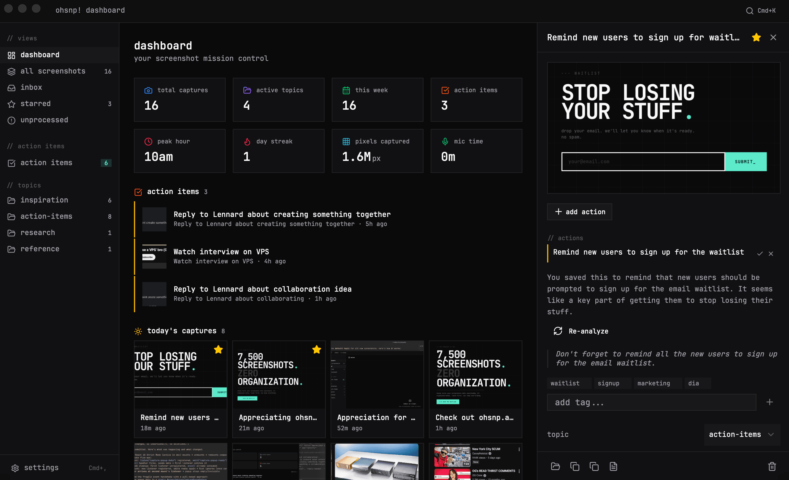 ohsnp dashboard — screenshots organized into searchable notes with tags, topics, and action items